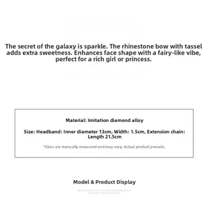 Detailed specifications chart for alloy and rhinestone headband with dimensions