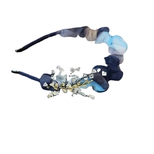 Blue gradient organza headband with gold wire branches and shimmering crystal beads