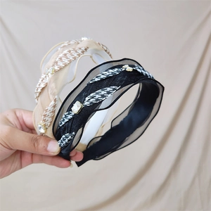 French Vintage Houndstooth Braided Headband For Women Elegant Mesh Ruffle Wide Hairband With Rhinestone Bow Hair Accessories