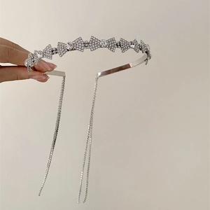 Elegant French Style Rhinestone Bow Headband With Long Tassel Silver Alloy Hair Hoop For Women Wedding Party Hair Accessories