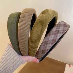 Set of four vintage padded headbands in dark green, brown, yellow and plaid textures