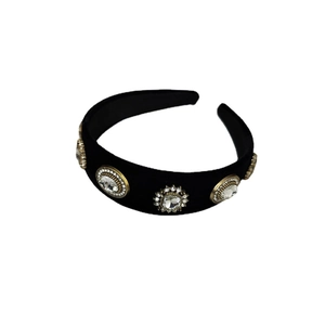 Serre-tête baroque large en velours noir avec des strass dorés vintage pour femmes