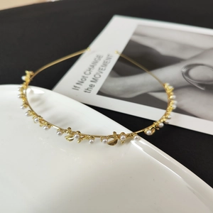 French Vintage Gold Alloy Thin Headband With Artificial Pearls And Golden Leaves Botanical Hairband For Women Wedding Party Hair Accessories