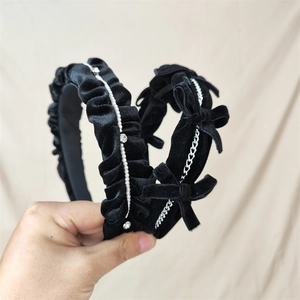 Vintage Black Velvet Bow Headband For Women French Ruffled Hairband With Silver Chain Artificial Pearl Rhinestone Accessory