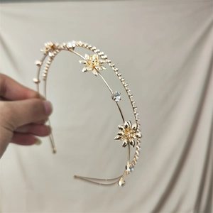 Elegant Gold Alloy Double Layer Headband Rhinestone Flower Butterfly Hair Hoop For Wedding Party Women Hair Accessories