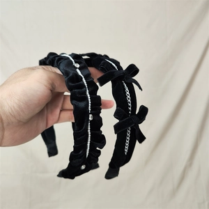 Vintage black velvet headbands with pearls, rhinestones, and silver metal chain details