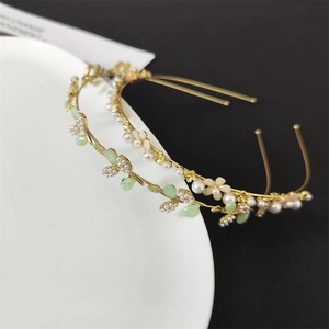 Korean Style Elegant Flower Leaf Headband Alloy Gold Plated Faux Artificial Pearl Rhinestone Forest Mori Hair Band For Women Wedding Party Jewelry