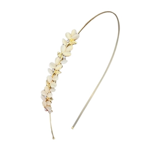 Elegant gold metal headband with white opal leaf accents and sparkling rhinestones