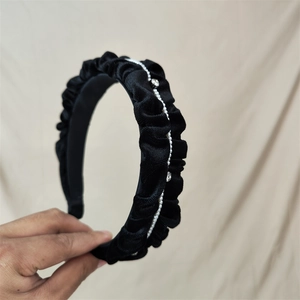 Vintage black velvet headband with white faux pearls and rhinestone embellishments