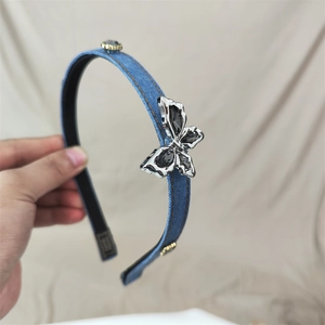 Vintage Blue Denim Butterfly Headband With Rhinestones Alloy Metal Charm Hair Hoop For Women Y2K Style Hair Accessories