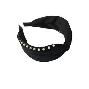 Serre-tête plissé noir élégant orné de perles blanches au design vintage chic