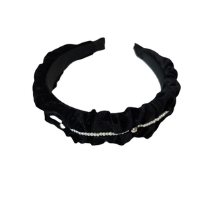 Vintage black velvet headband with white faux pearls and rhinestones for elegant hair styling