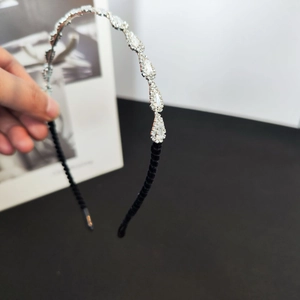 Elegant silver headband with luxury clear crystals and comfortable black velvet ends
