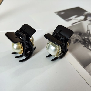 French vintage black hair clips with large pearls and sparkling rhinestones set of two