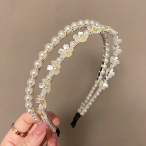 Elegant White Faux Artificial Pearl Flower Double Layer Headband Korean Style Rhinestone Hair Hoop For Women Party Hair Accessories