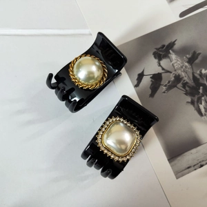 French Retro Black Hair Claw Clip Elegant Korean Style Accessories With Round Square Imitation Artificial Pearl Rhinestone For Women