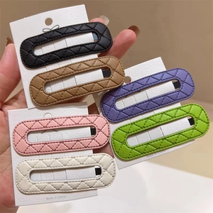 Korean Style PU Leather Quilted Hair Clips Diamond Pattern Snap Clips Vintage Oval Cutout Hair Accessories For Women Girls