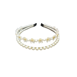 Double-layered pearl headband with white floral accents and crystals for women