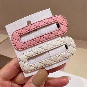Quilted faux leather oval BB hair clips set in pink and beige for women fashion