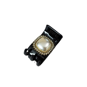 Elegant French vintage black hair claw clip with large square pearl and crystal rhinestones