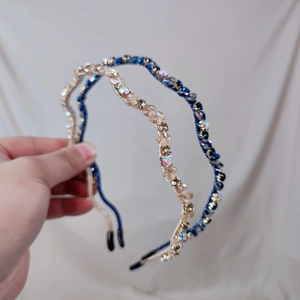 Handmade crystal beaded headbands in navy blue and champagne gold with non-slip ends