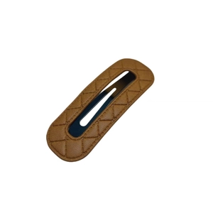 Brown faux leather BB hair clip with quilted stitching and water drop metal snap