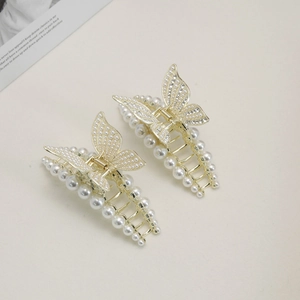 Pince à Cheveux Papillon en Alliage Doré Élégant Avec Fausse Künstliche Perle et Strass Accessoires de Coiffure pour Femmes