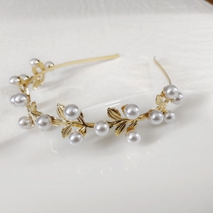 Elegant Alloy Faux Artificial Pearl Leaf Headband Vintage Gold Hair Band For Wedding Party Women Baroque Hair Accessories