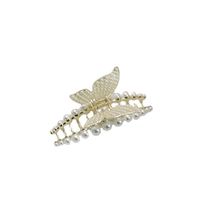 Pince à cheveux papillon dorée élégante avec perles blanches pour coiffure française