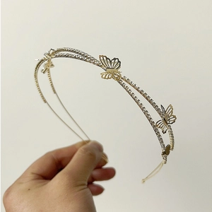 Elegant double-layered gold butterfly headband with sparkling rhinestones for women