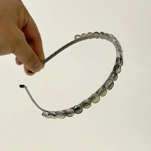 Elegant grey crystal headband with faceted glass beads and satin fabric wrap