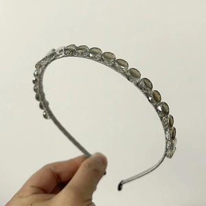Elegant Korean style thin headband with dark grey crystal beads on minimalist metal frame