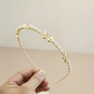 Serre-tête Élégant en Or Avec Papillon Künstliche Perles et Pierre Œil de Chat Style Coréen Fin en Métal pour Femme Accessoires