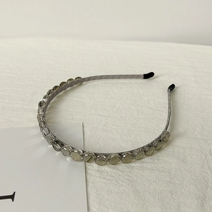 Close-up of minimalist glass crystal headband with faceted smokey grey beads and end caps