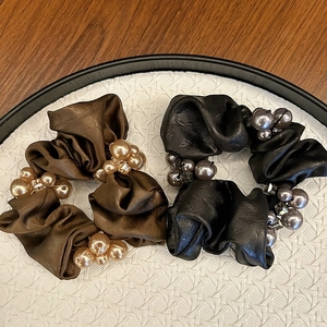 Set of two luxury satin scrunchies in coffee and black with pearls and rhinestones
