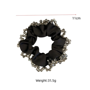 Detail of 11cm black satin scrunchie with crystal beads, weight 31.5g for women