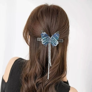 Fermaglio per Capelli Elegante a Farfalla Vintage con Perline Blu e Nappa a Molla con Cristalli Strass per Donna