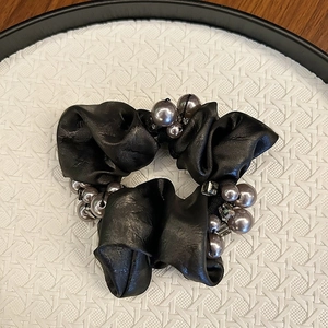 Elegant black satin hair tie with charcoal faux pearls and sparkling crystal beads
