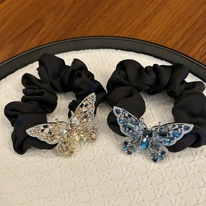 Elegant Butterfly Scrunchie With Rhinestone High Elasticity Hair Tie Luxury Satin Fabric Crystal Butterfly Hair Rope For Women