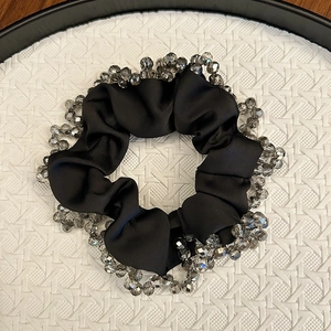 Elegant black satin hair scrunchie with smoky grey beaded lace trim for women
