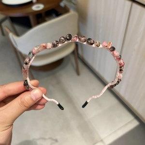 Elegant thin pink headband decorated with colorful natural tourmaline raw stone beads
