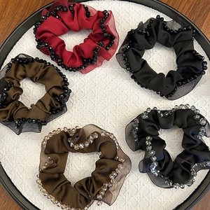 Handmade Satin Hair Scrunchies With Rhinestone Bead Edges Korean Style Elegant Elastic Hair Ties Headwear For Women Daily