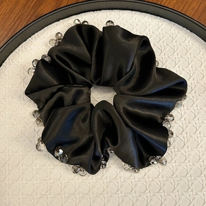 Elegant black satin hair scrunchie with sparkling grey crystal beads for women