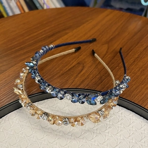 Serre-têtes étincelants en cristal bleu et doré champagne avec design luxe en strass
