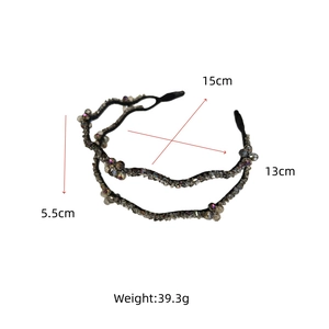 Detail view of double-layered wavy headband with dark crystal beads and dimensions