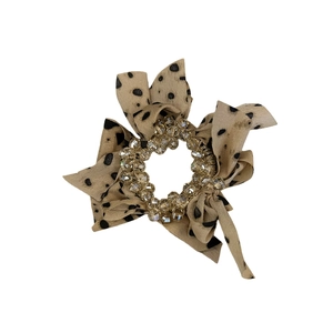 Mesh bow hair clip with leopard print chiffon and faceted golden crystal beads