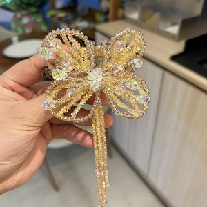 Handmade butterfly hair clip with champagne crystals and long beaded tassels for women