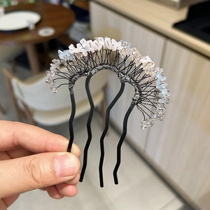 Handmade Chinese style hair comb with colorful crystal stones on black metal wave teeth