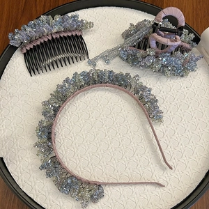 Handmade Artificial Crystal Floral Hair Clip Set Luxury Tassel Claw Clip Headband Hair Comb For Women Sweet Hair Accessories