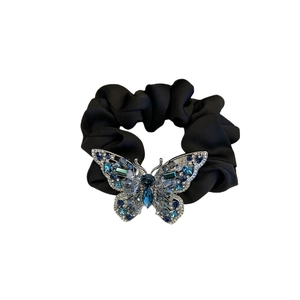 Elegant black satin hair tie with a luxury crystal butterfly ornament for high ponytails